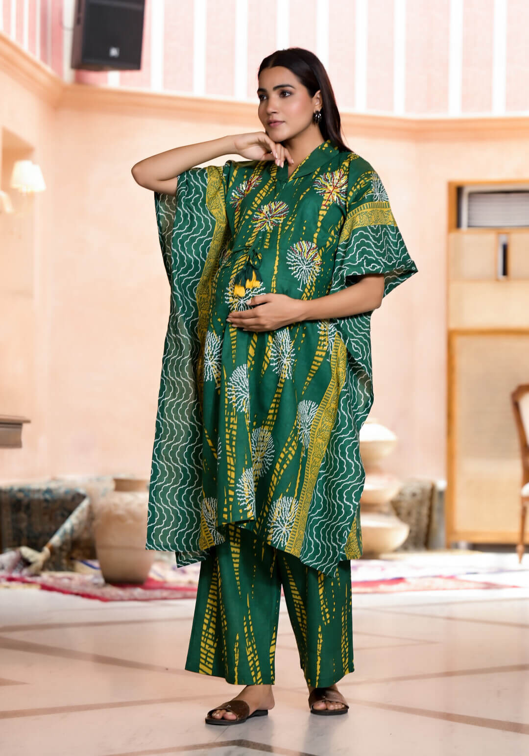 Bottle Green Yellow Ethnic Print Cotton Maternity & Feeding Co-ord Set with Concealed Zipper