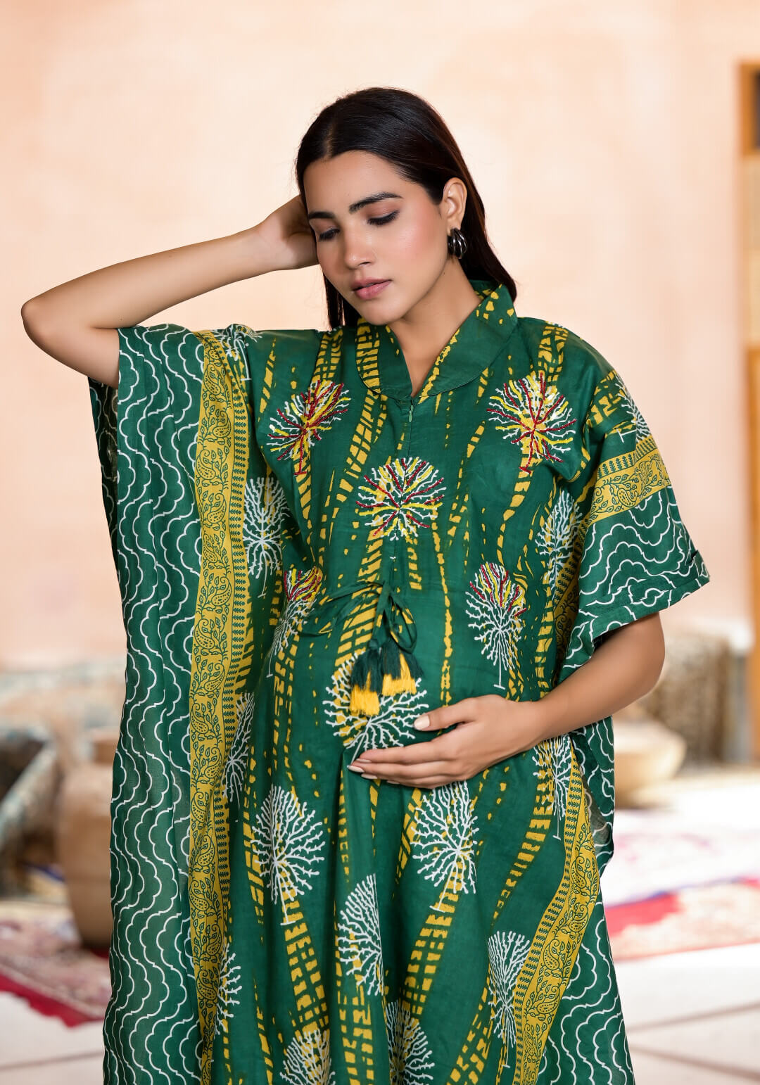 Bottle Green Yellow Ethnic Print Cotton Maternity & Feeding Co-ord Set with Concealed Zipper