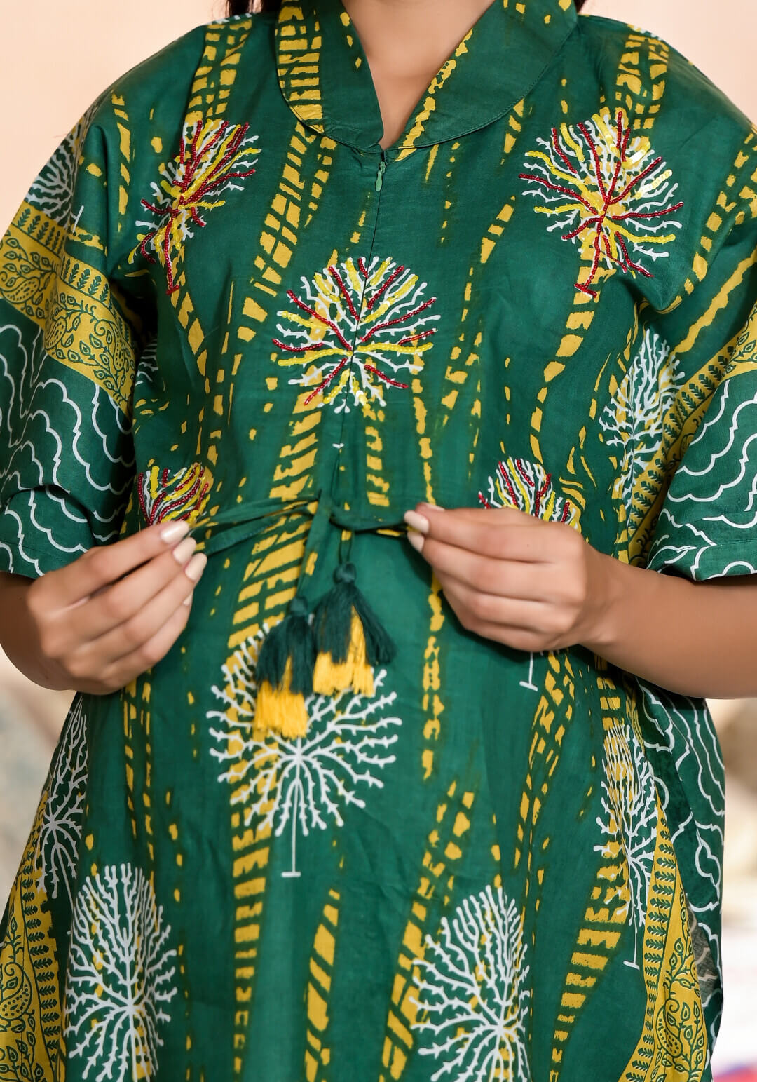 Bottle Green Yellow Ethnic Print Cotton Maternity & Feeding Co-ord Set with Concealed Zipper