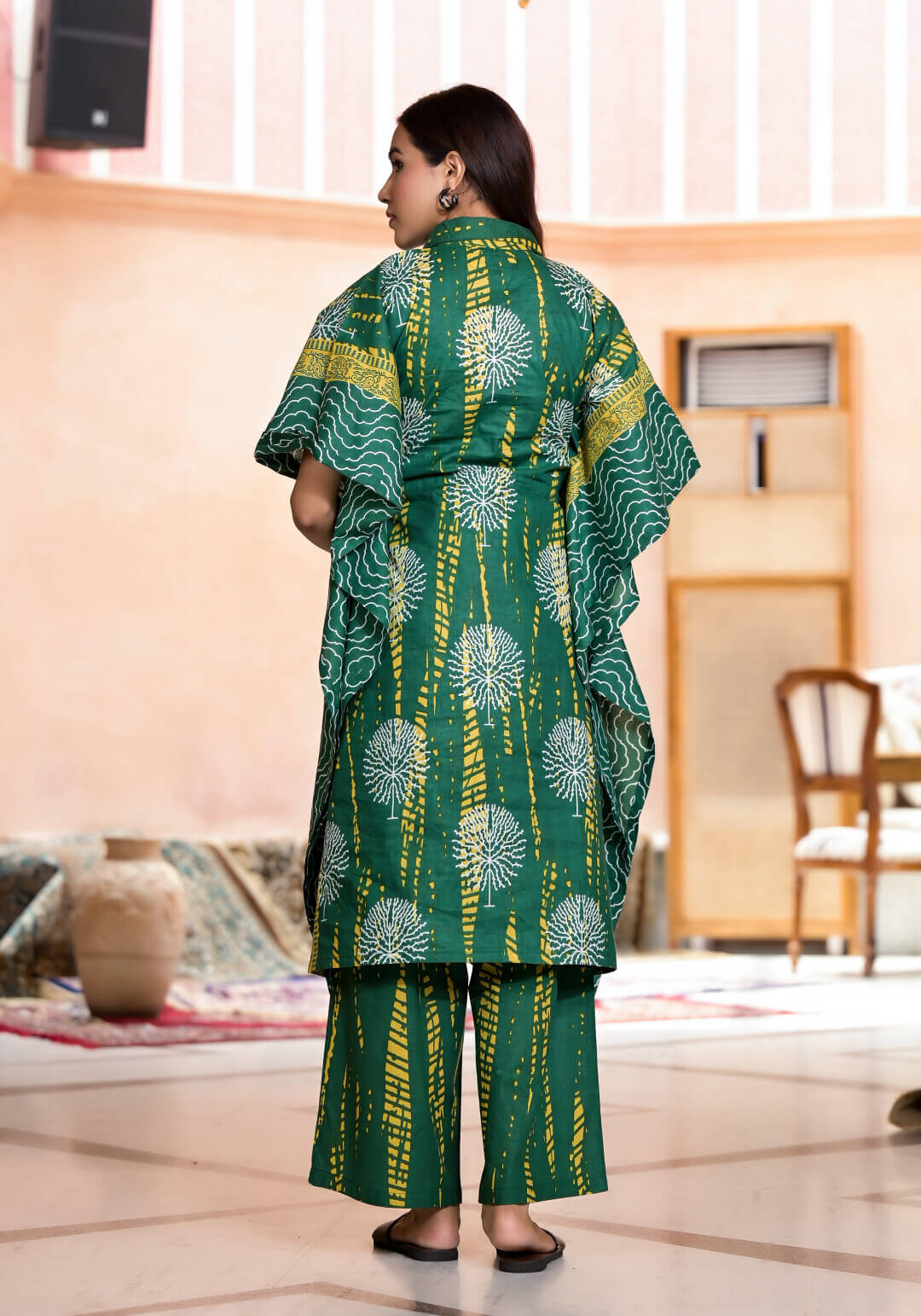 Bottle Green Yellow Ethnic Print Cotton Maternity & Feeding Co-ord Set with Concealed Zipper