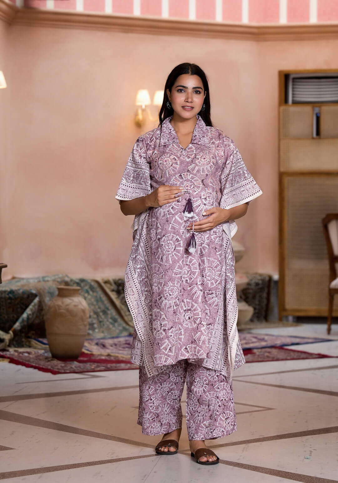 Onion Pink Ethnic Print Cotton Maternity & Feeding Co-ord Set with Concealed Zipper
