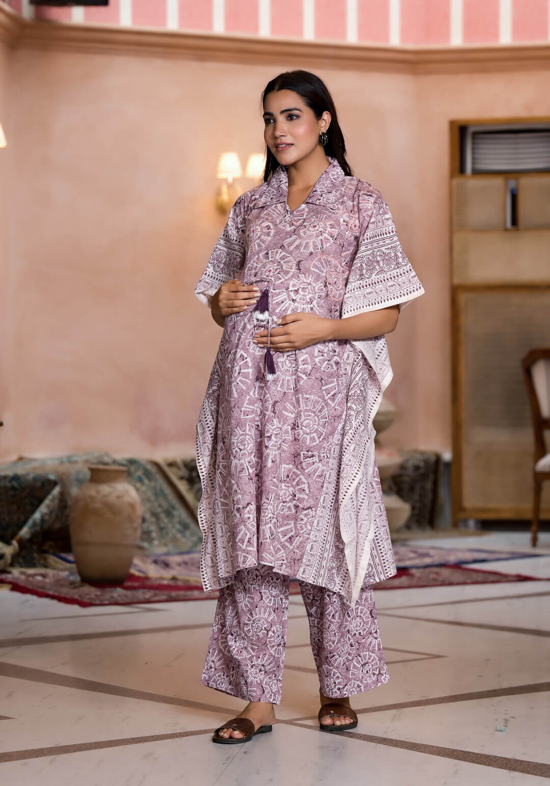 Onion Pink Ethnic Print Cotton Maternity & Feeding Co-ord Set with Concealed Zipper