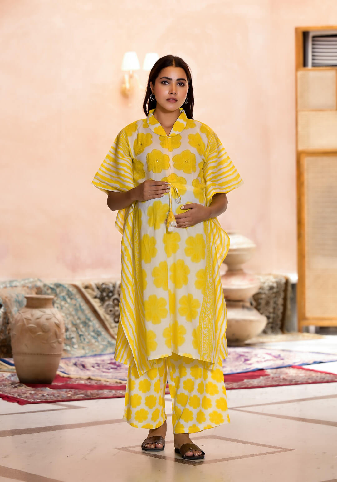 Yellow Floral Print Cotton Maternity & Feeding Co-ord Set with Concealed Zipper
