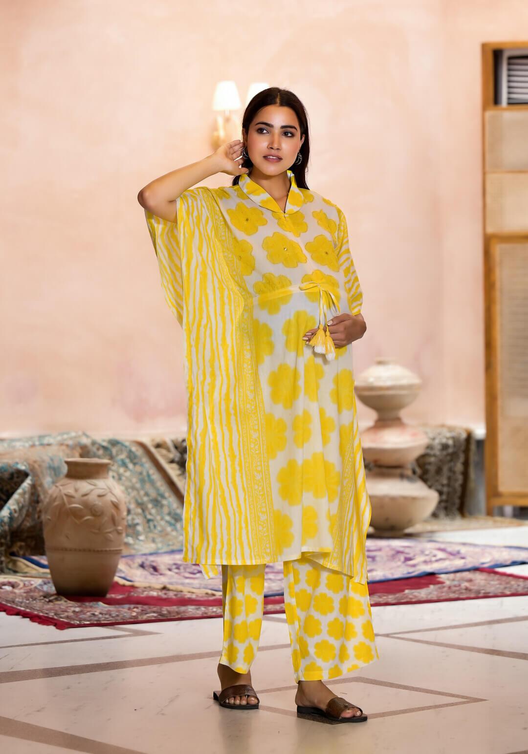 Yellow Floral Print Cotton Maternity & Feeding Co-ord Set with Concealed Zipper