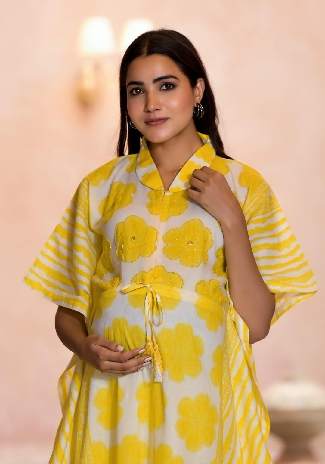 Yellow Floral Print Cotton Maternity & Feeding Co-ord Set with Concealed Zipper