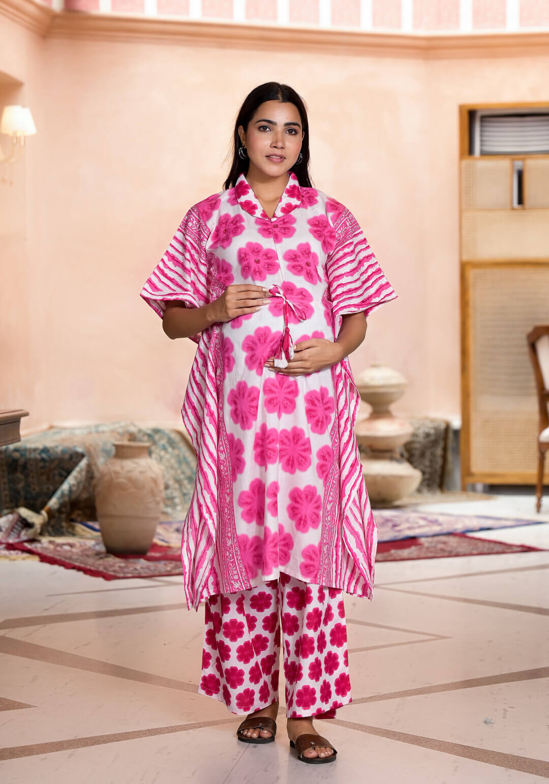 Pink Floral Print Cotton Maternity & Feeding Kaftan Kurta Set with Concealed Zipper