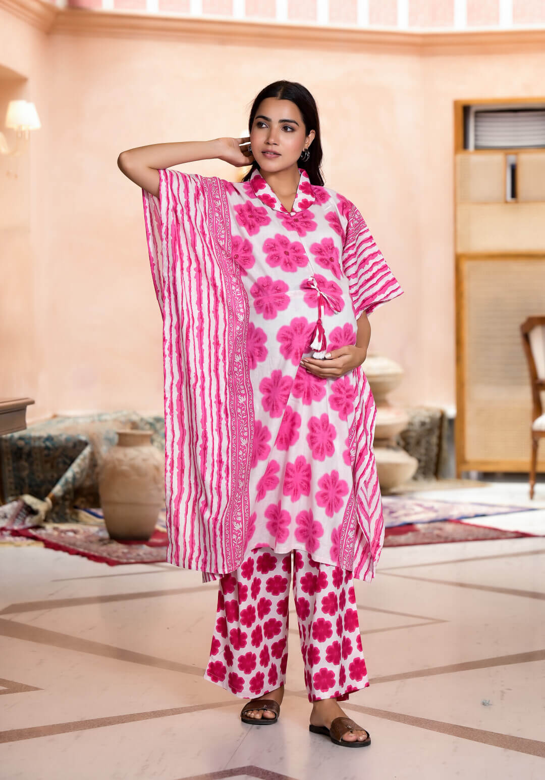 Pink Floral Print Cotton Maternity & Feeding Kaftan Kurta Set with Concealed Zipper