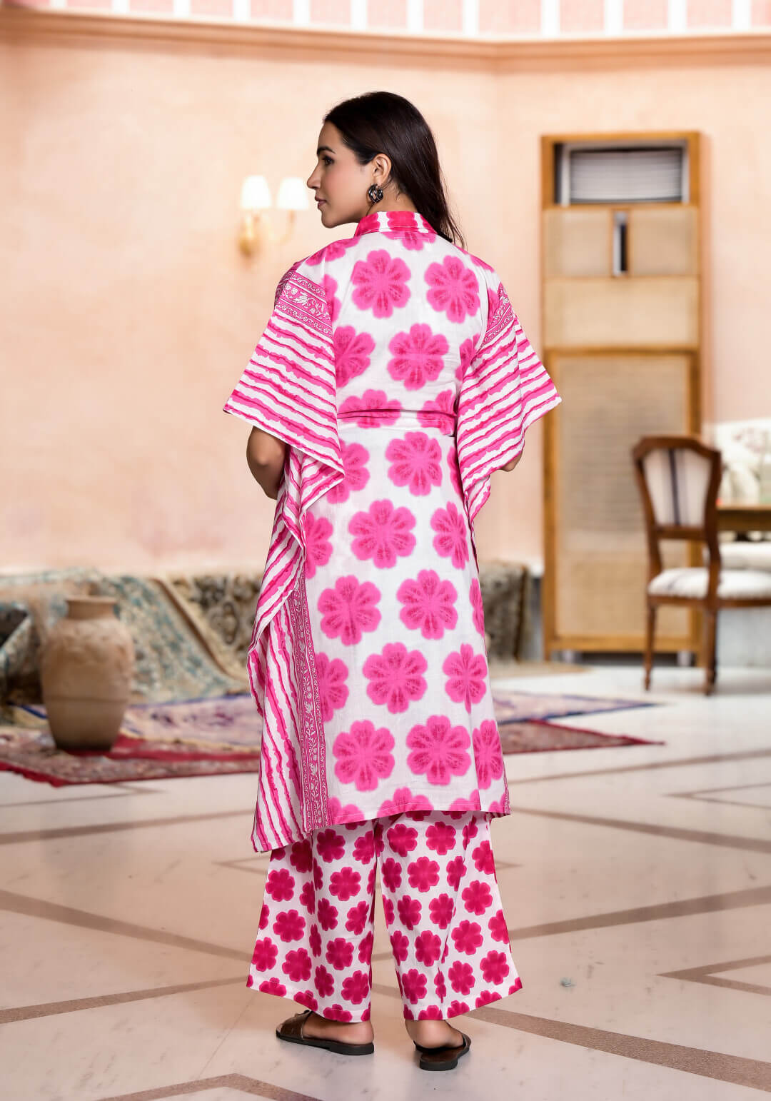 Pink Floral Print Cotton Maternity & Feeding Kaftan Kurta Set with Concealed Zipper