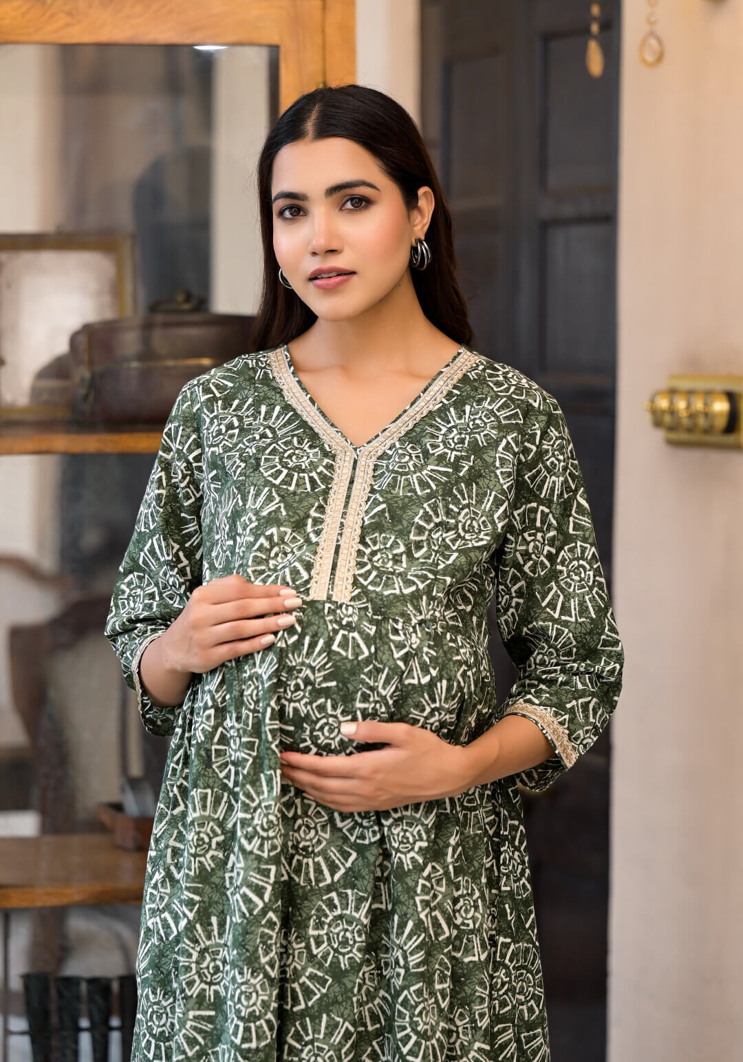 Dark Green Ethnic Print Cotton Maternity & Feeding Flare Kurta Set with Concealed Zipper