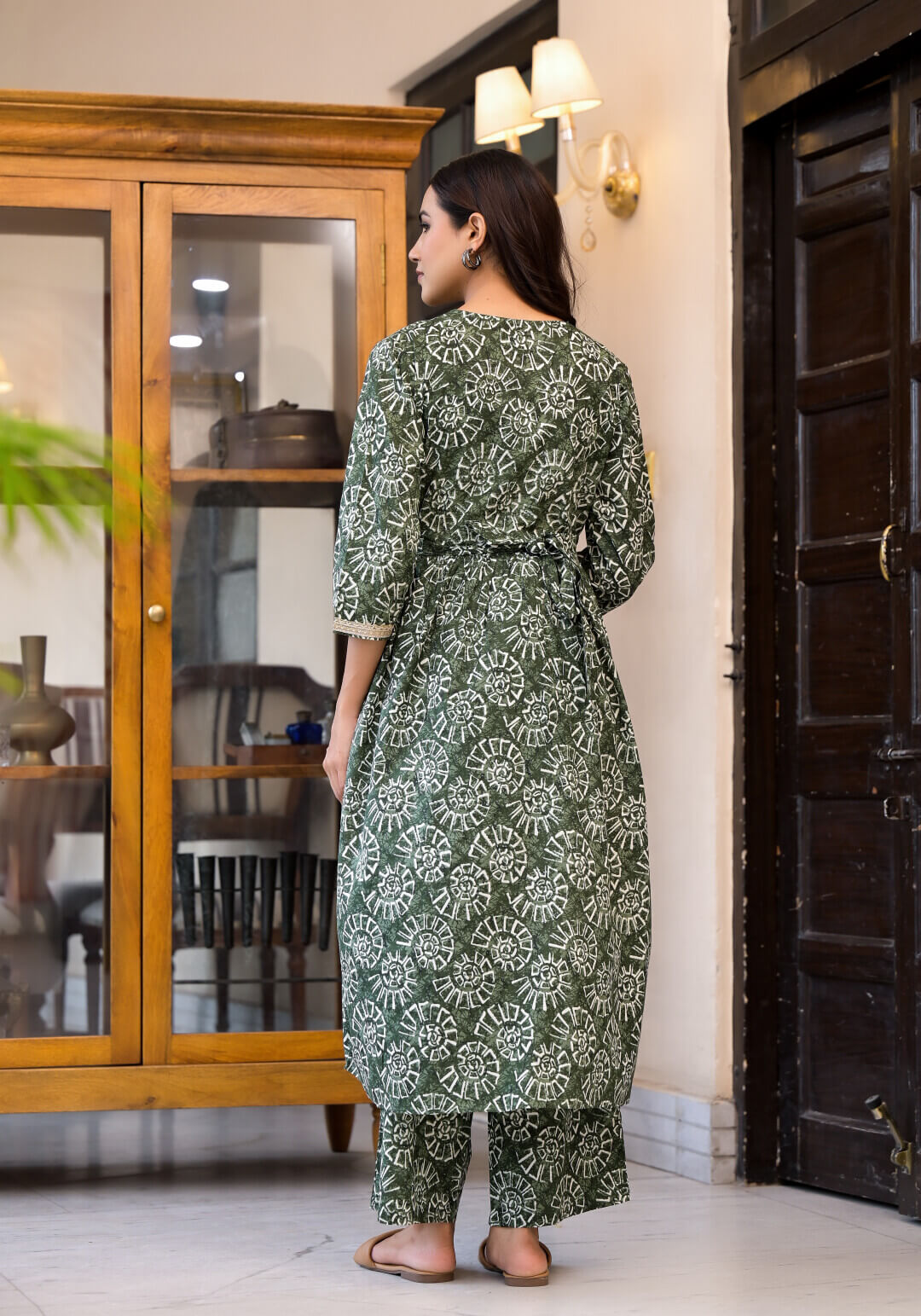 Dark Green Ethnic Print Cotton Maternity & Feeding Flare Kurta Set with Concealed Zipper
