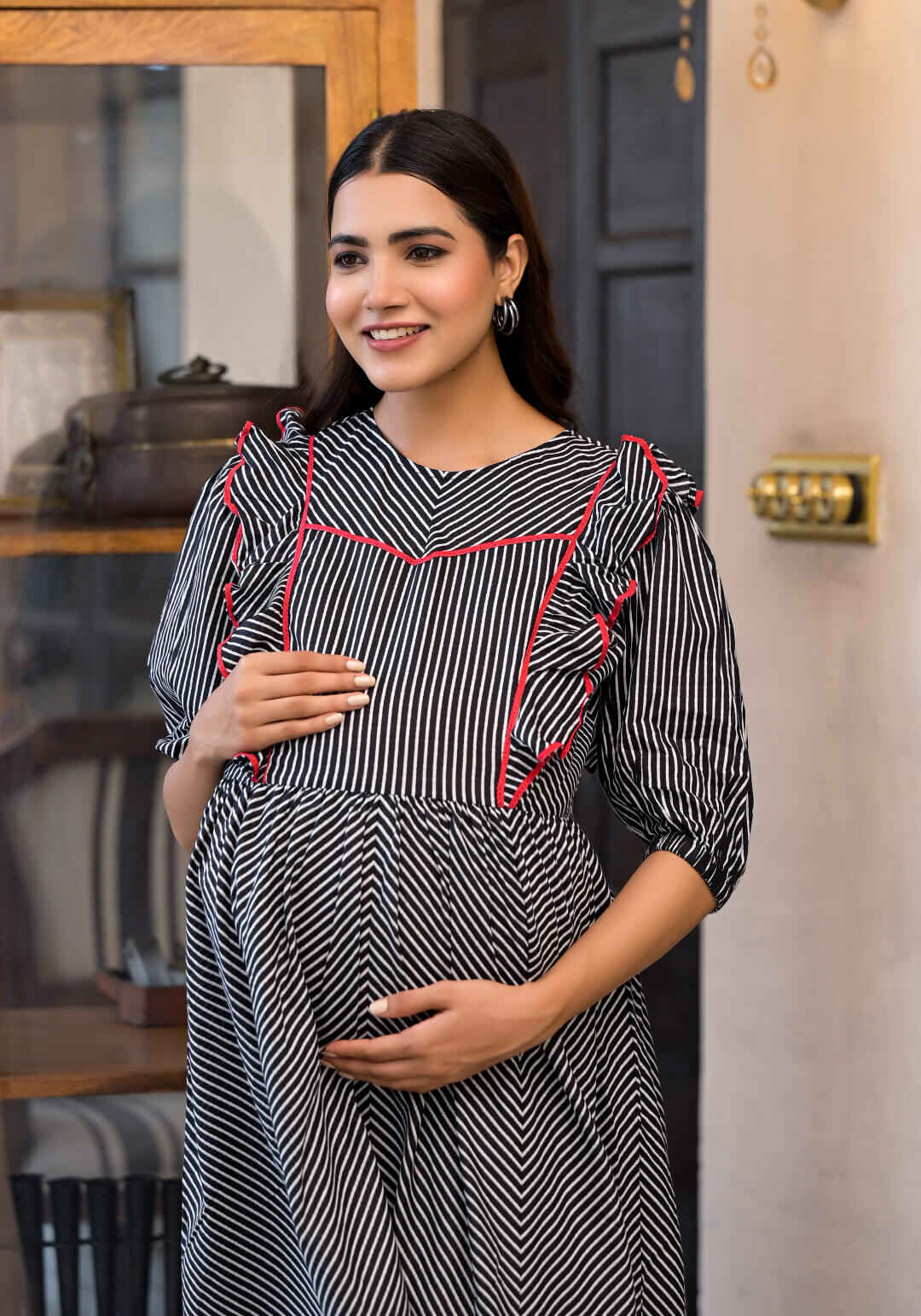 Black Geometric Print Cotton Maternity & Feeding Flare Kurta Set with Concealed Zipper