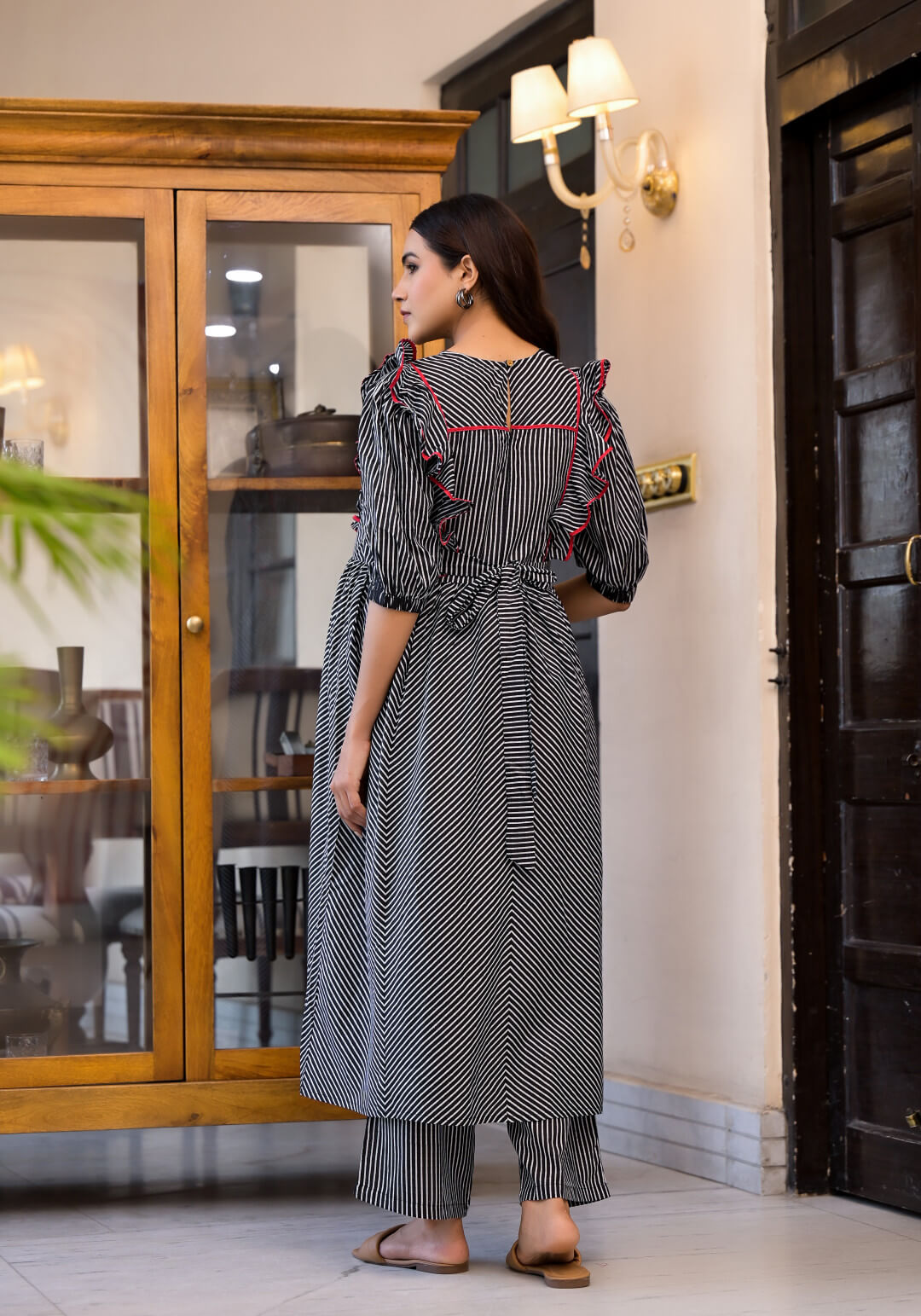 Black Geometric Print Cotton Maternity & Feeding Flare Kurta Set with Concealed Zipper