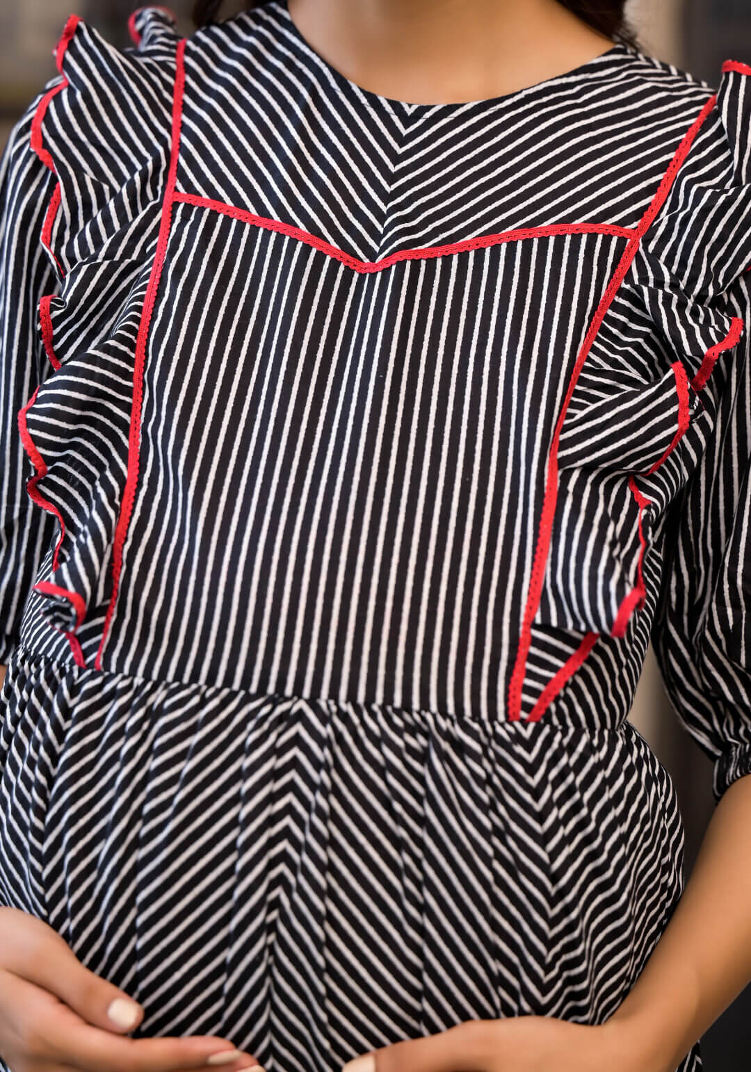 Black Geometric Print Cotton Maternity & Feeding Flare Kurta Set with Concealed Zipper