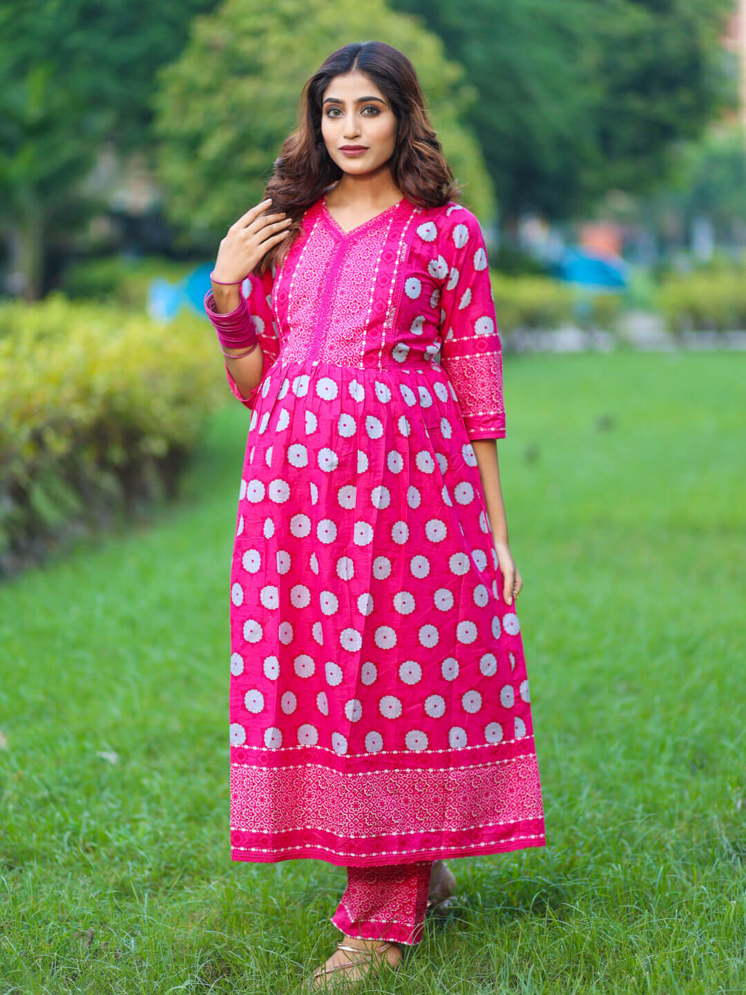 Fuchsia Floral Print Cotton Maternity & Feeding-Friendly Flare Kurta Set