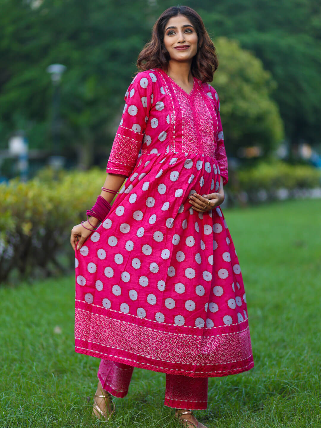 Fuchsia Floral Print Cotton Maternity & Feeding-Friendly Flare Kurta Set