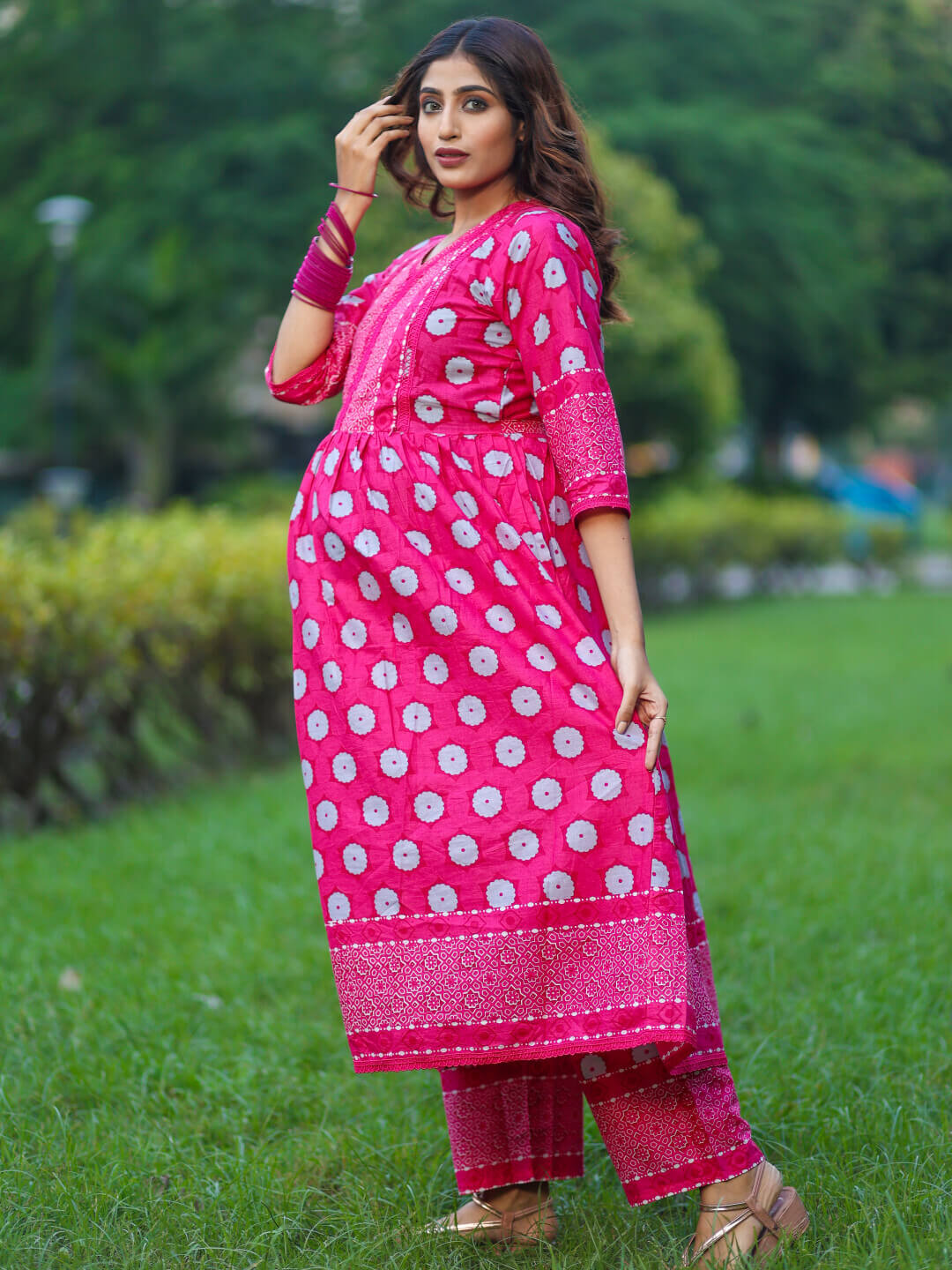 Fuchsia Floral Print Cotton Maternity & Feeding-Friendly Flare Kurta Set