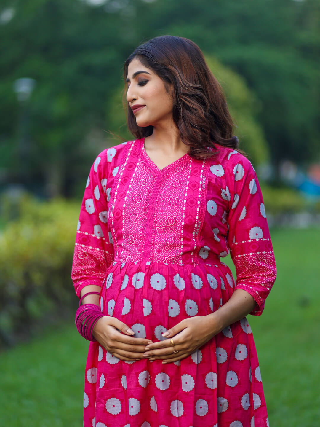 Fuchsia Floral Print Cotton Maternity & Feeding-Friendly Flare Kurta Set