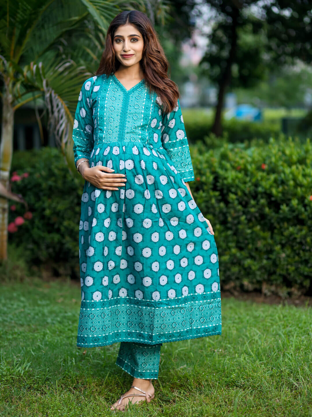Teal Green Floral Print Cotton Maternity & Feeding-Friendly Flare Kurta Set