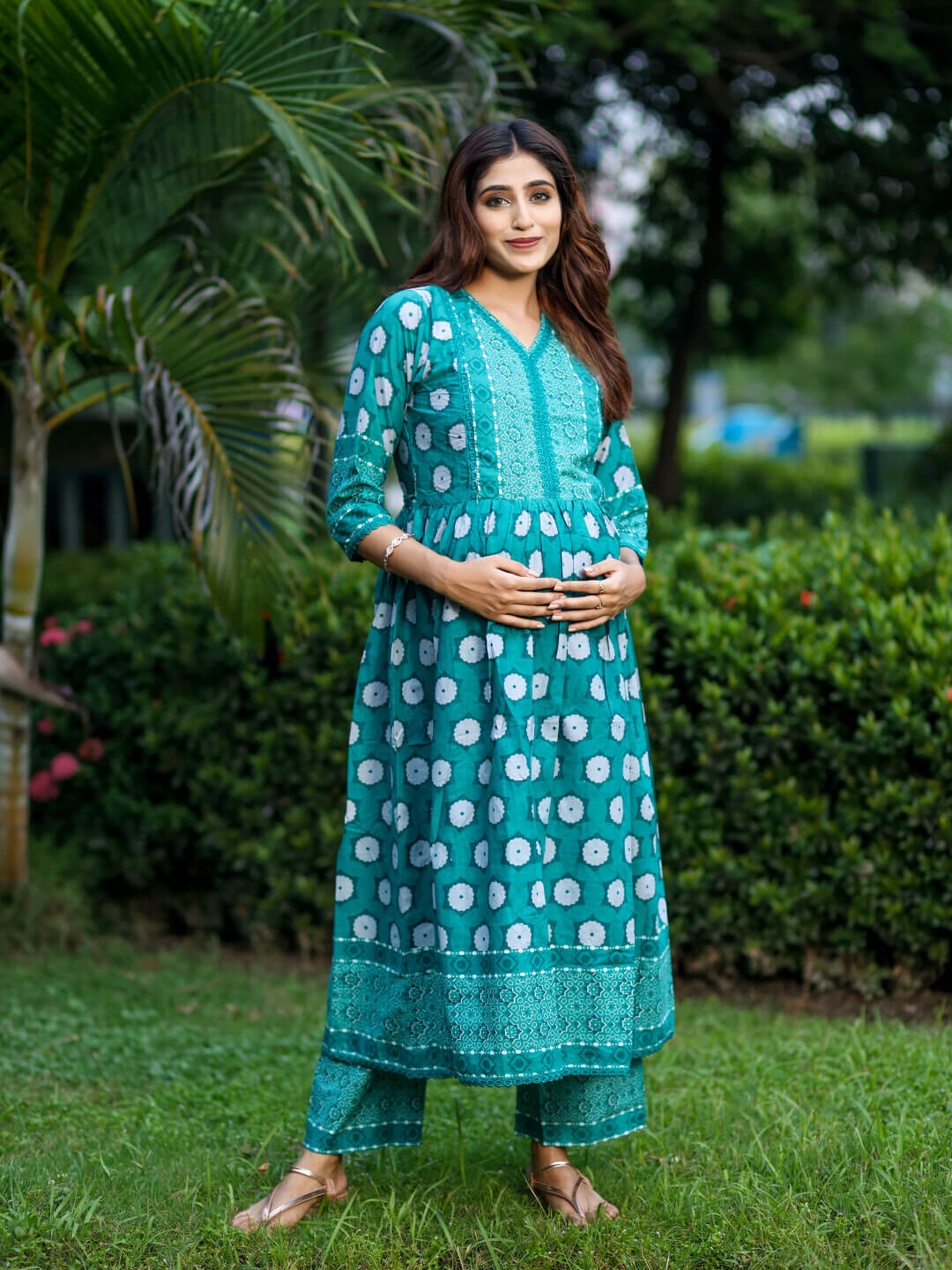 Teal Green Floral Print Cotton Maternity & Feeding-Friendly Flare Kurta Set