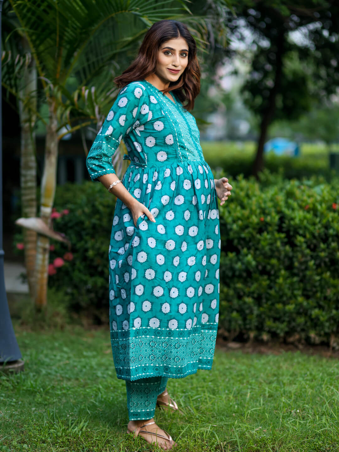 Teal Green Floral Print Cotton Maternity & Feeding-Friendly Flare Kurta Set
