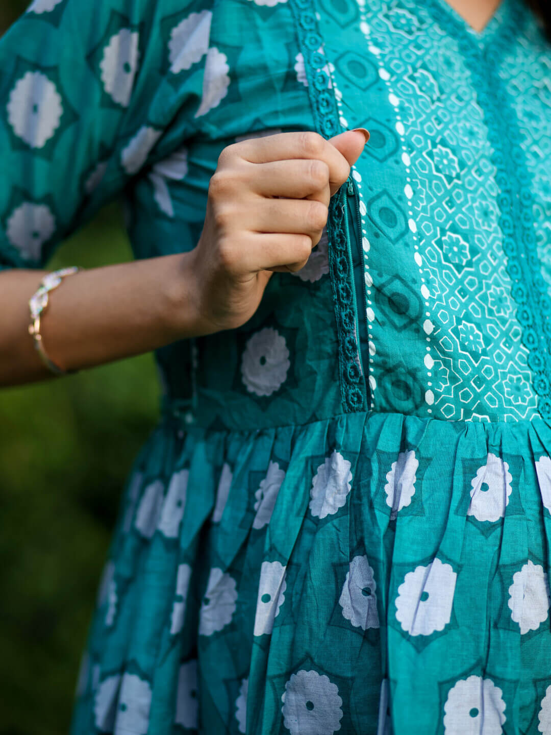 Teal Green Floral Print Cotton Maternity & Feeding-Friendly Flare Kurta Set