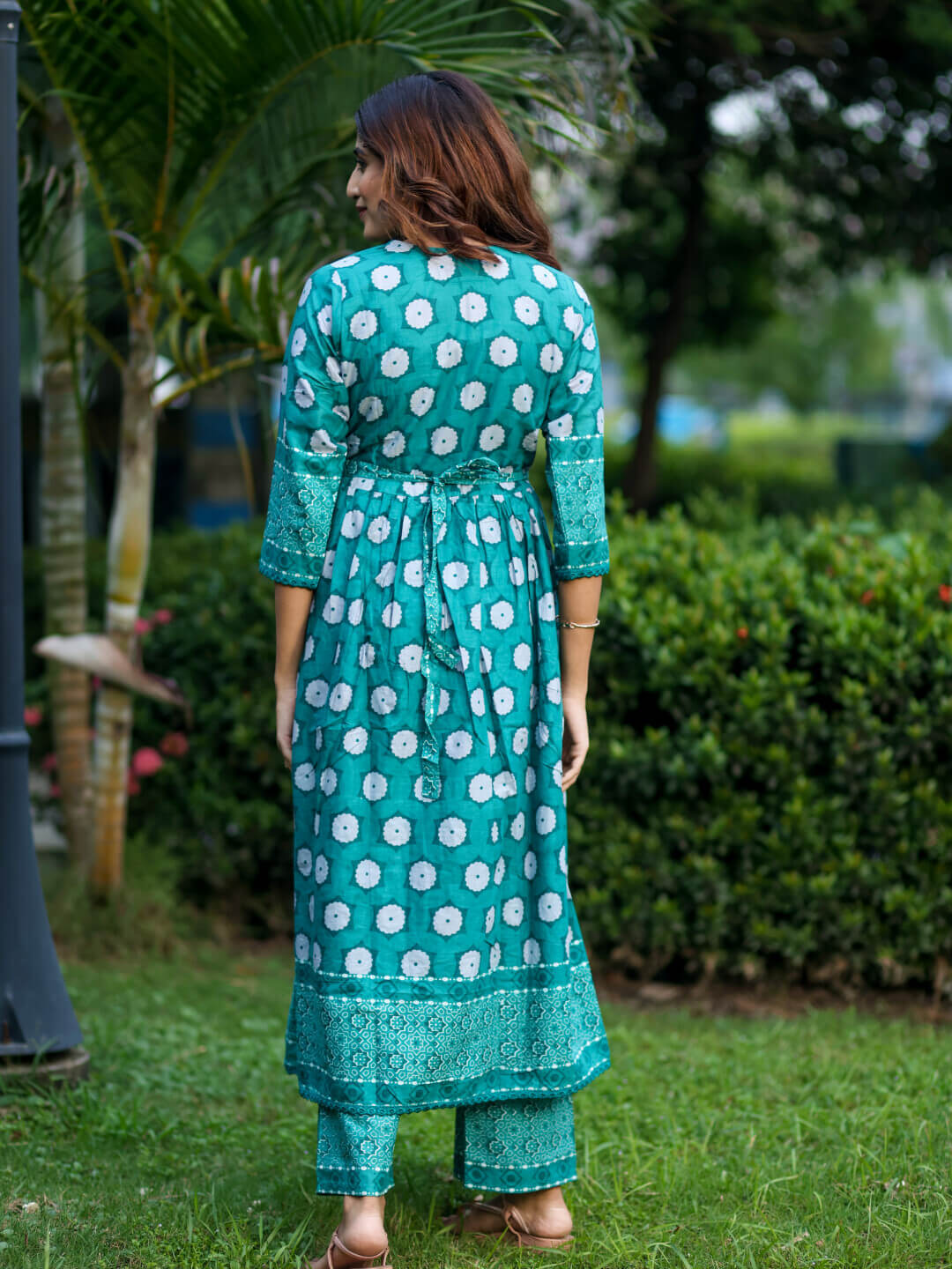 Teal Green Floral Print Cotton Maternity & Feeding-Friendly Flare Kurta Set