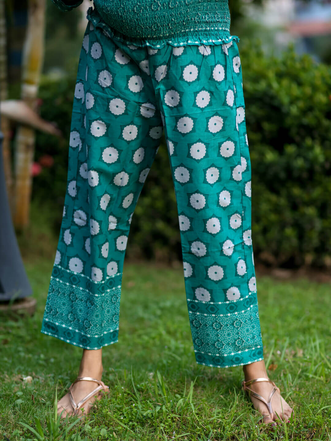 Teal Green Floral Print Cotton Maternity & Feeding-Friendly Flare Kurta Set