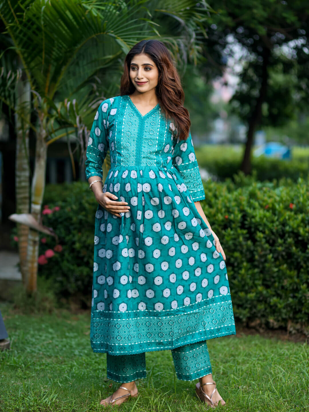 Teal Green Floral Print Cotton Maternity & Feeding-Friendly Flare Kurta Set