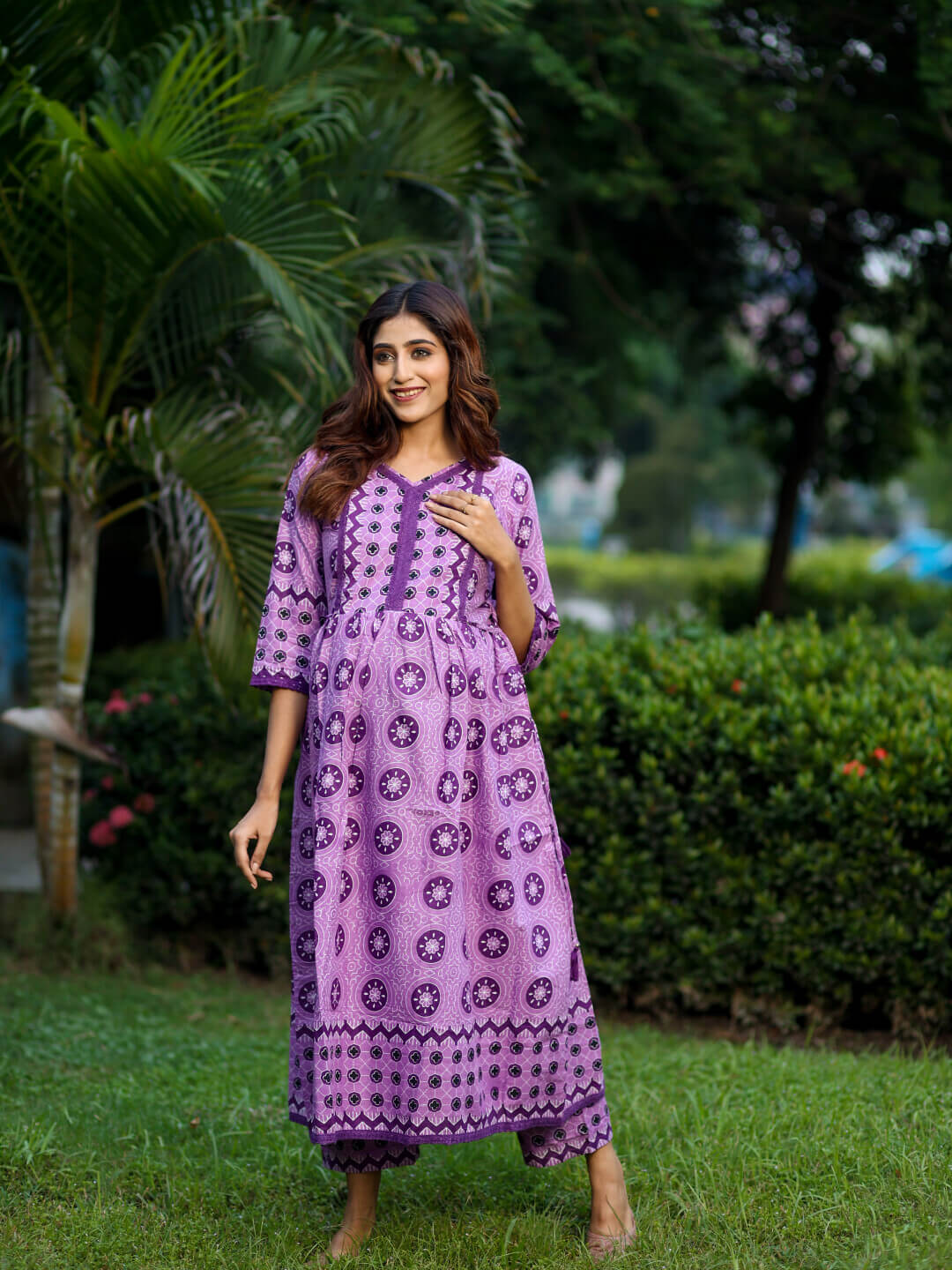 Purple Ethnic Print Cotton Maternity & Feeding-Friendly Flare Kurta Set