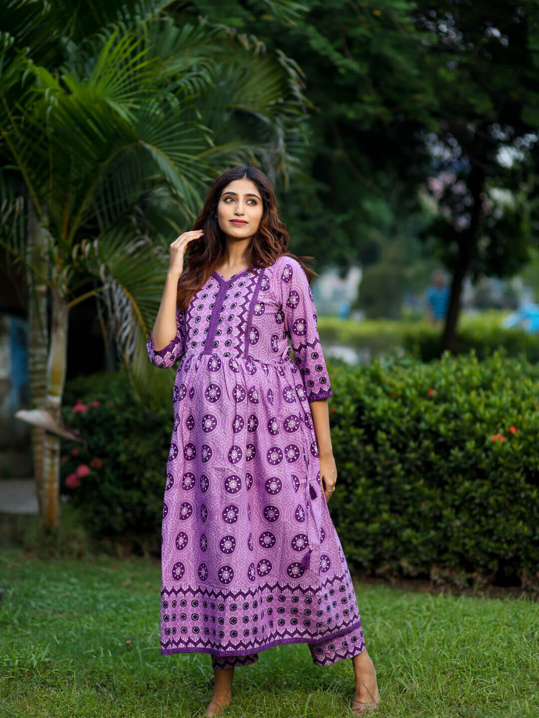 Purple Ethnic Print Cotton Maternity & Feeding-Friendly Flare Kurta Set