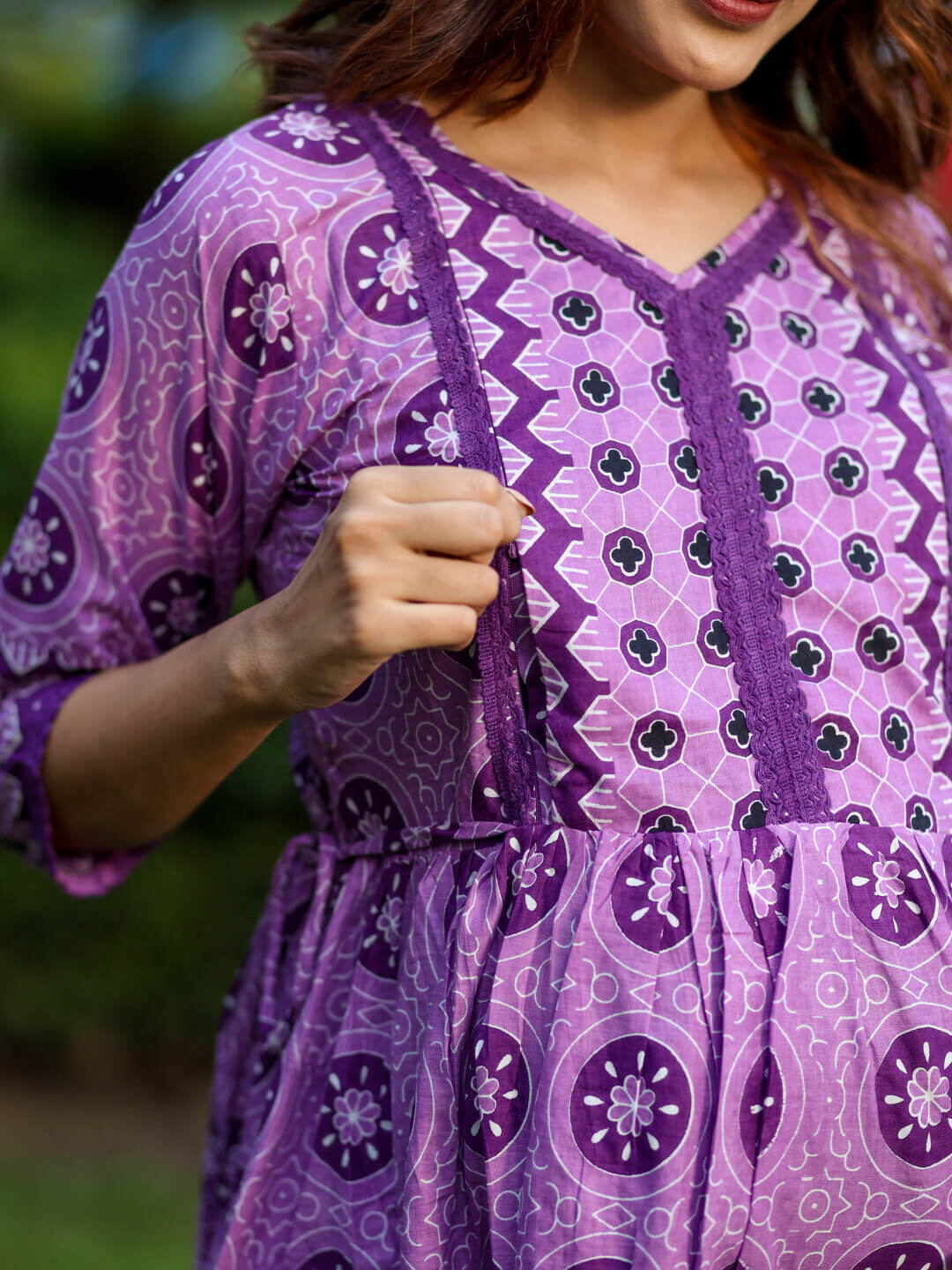 Purple Ethnic Print Cotton Maternity & Feeding-Friendly Flare Kurta Set