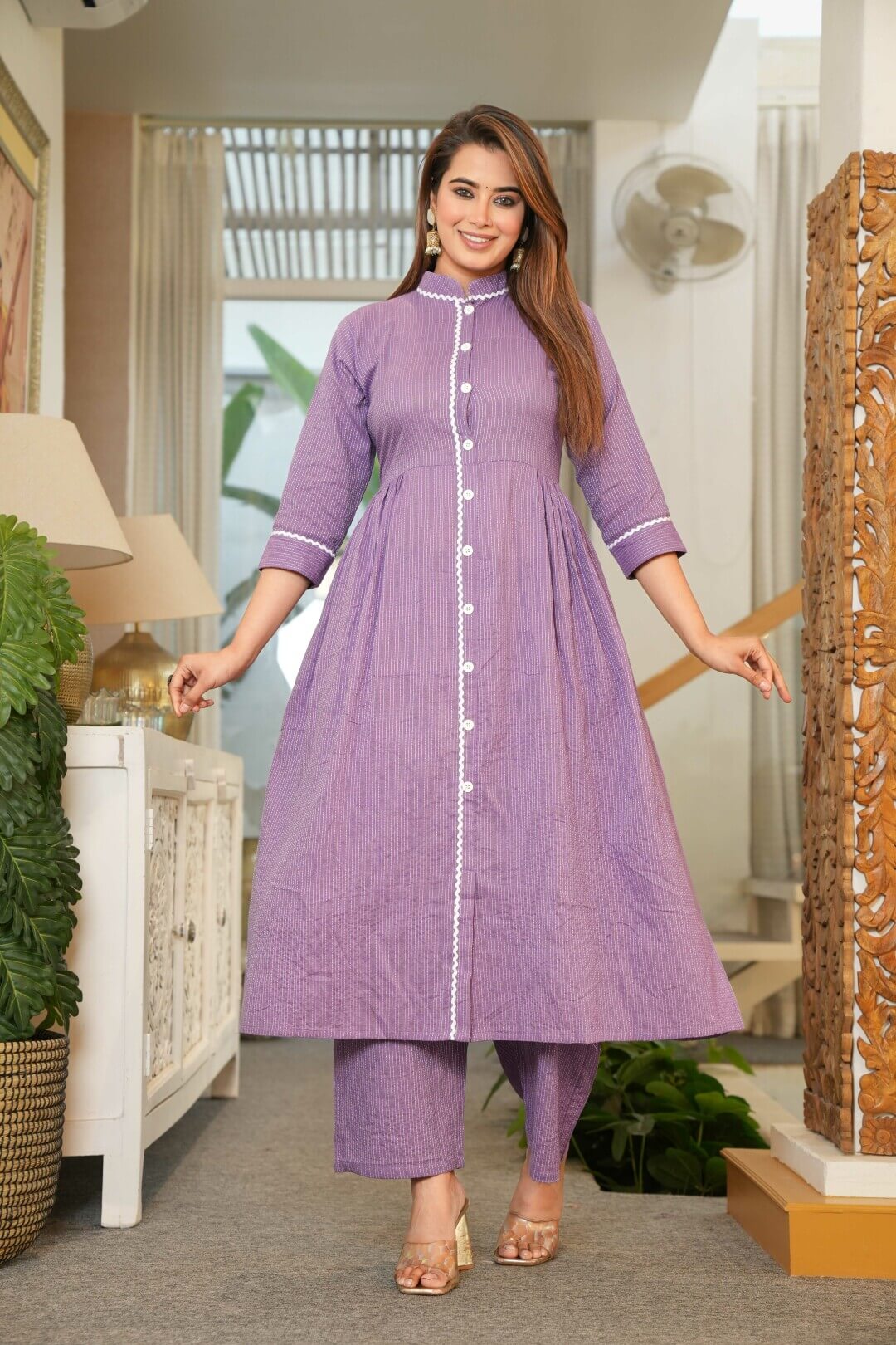 Lavender Cotton Maternity & Feeding-Friendly Flare Kurta Set
