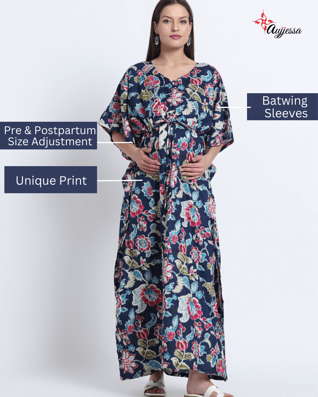 Indigo Multi Floral Print Maternity & Feeding Kaftan Dress with Concealed Zipper