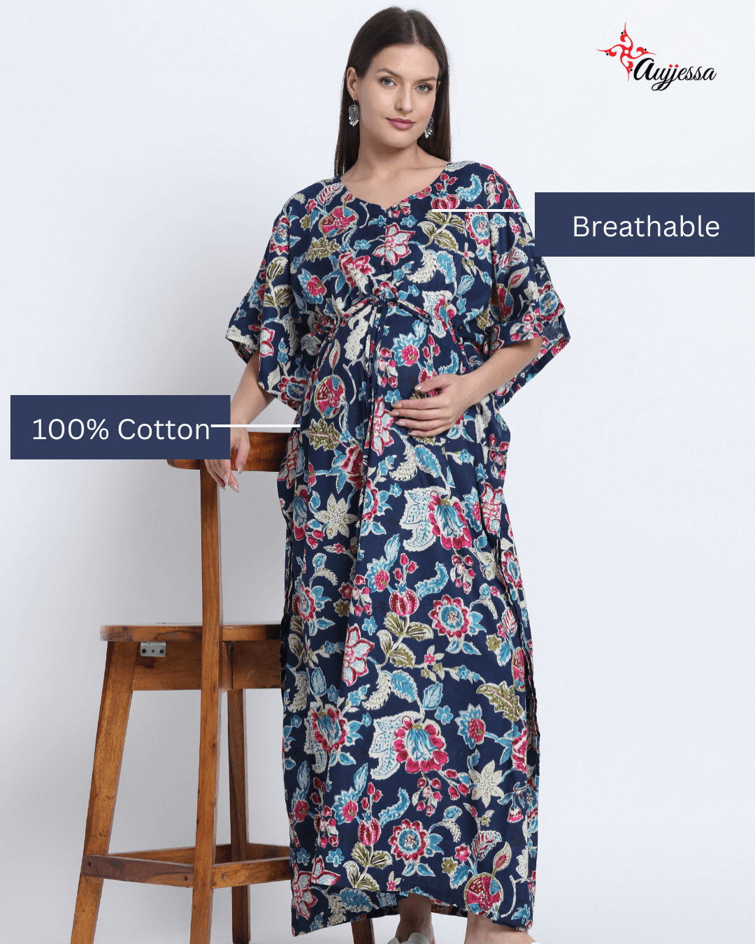 Indigo Multi Floral Print Maternity & Feeding Kaftan Dress with Concealed Zipper