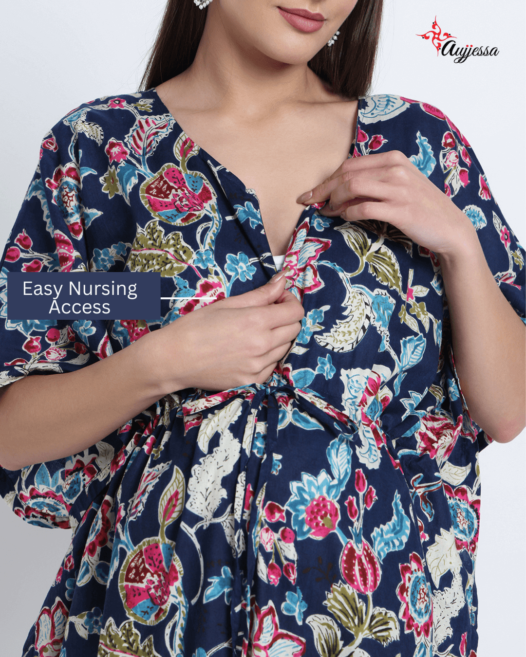 Indigo Multi Floral Print Maternity & Feeding Kaftan Dress with Concealed Zipper