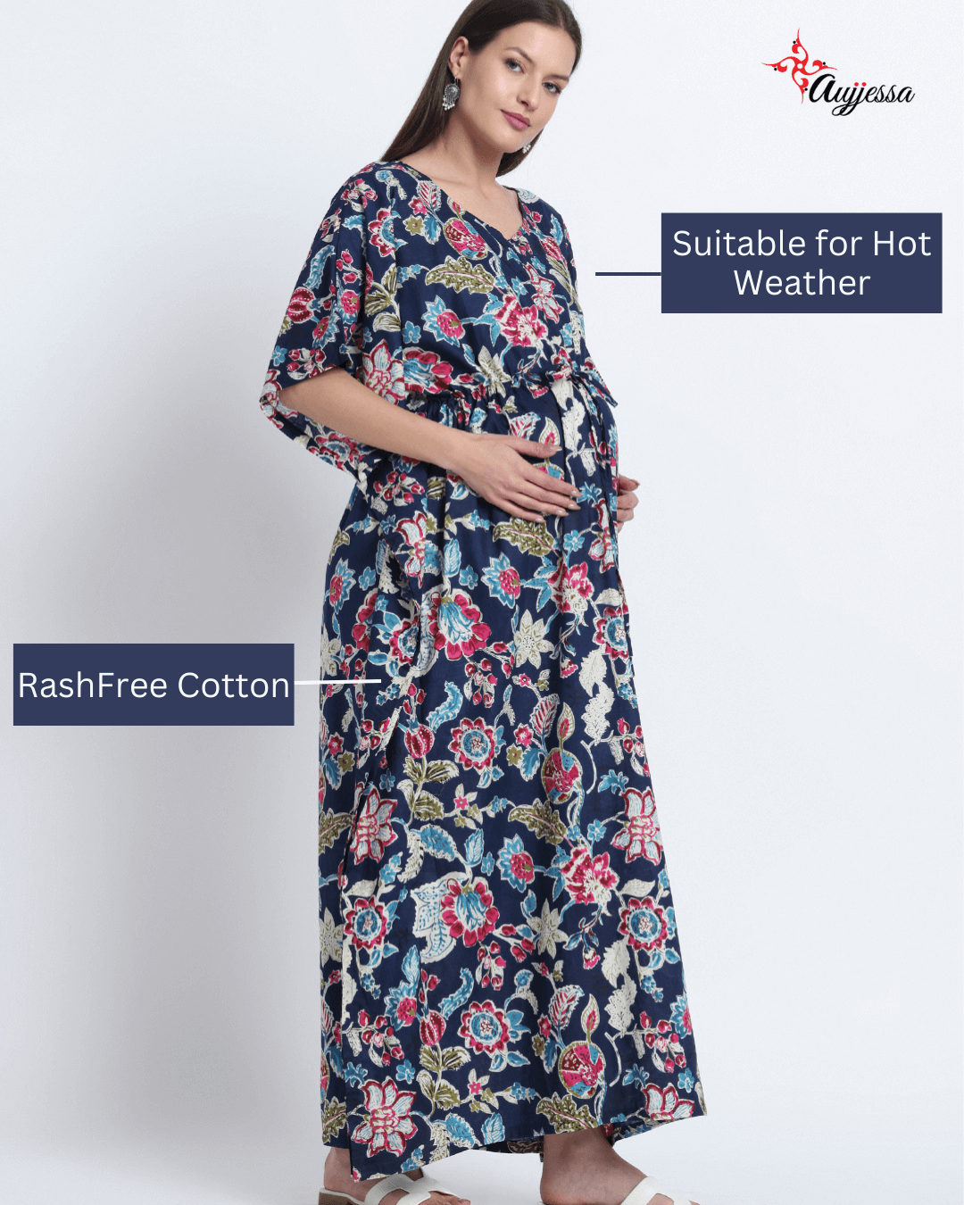 Indigo Multi Floral Print Maternity & Feeding Kaftan Dress with Concealed Zipper