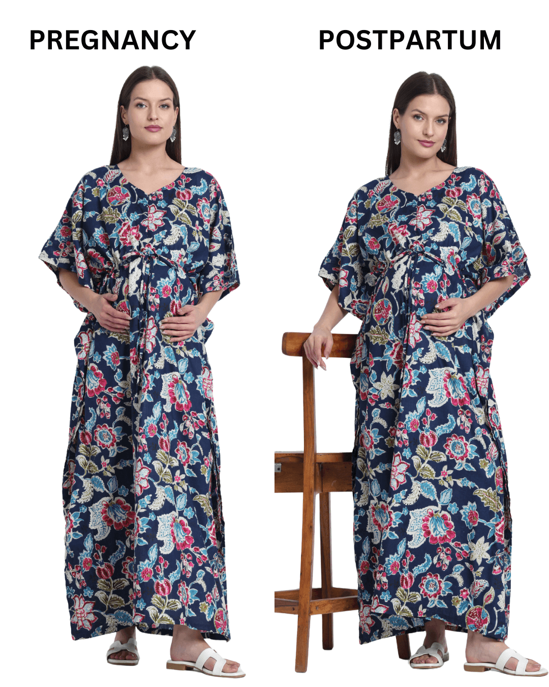 Indigo Multi Floral Print Maternity & Feeding Kaftan Dress with Concealed Zipper