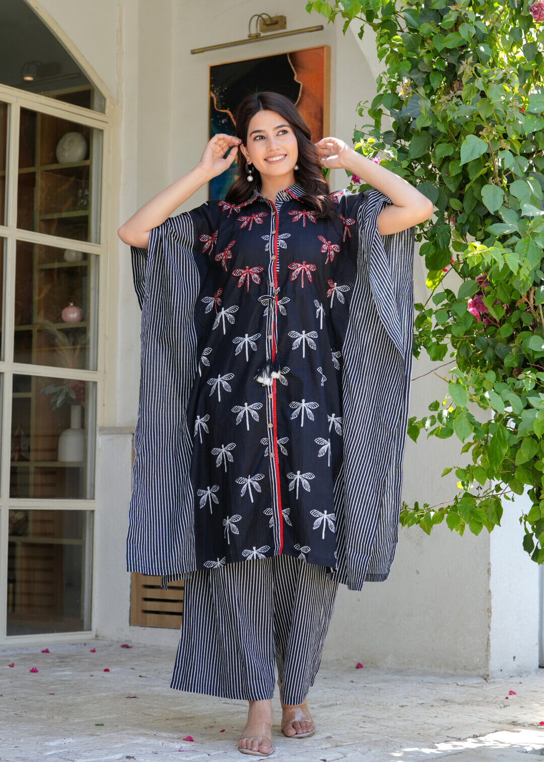 Black Ethnic Print Cotton Maternity & Feeding Co-ord Set with Concealed Zipper