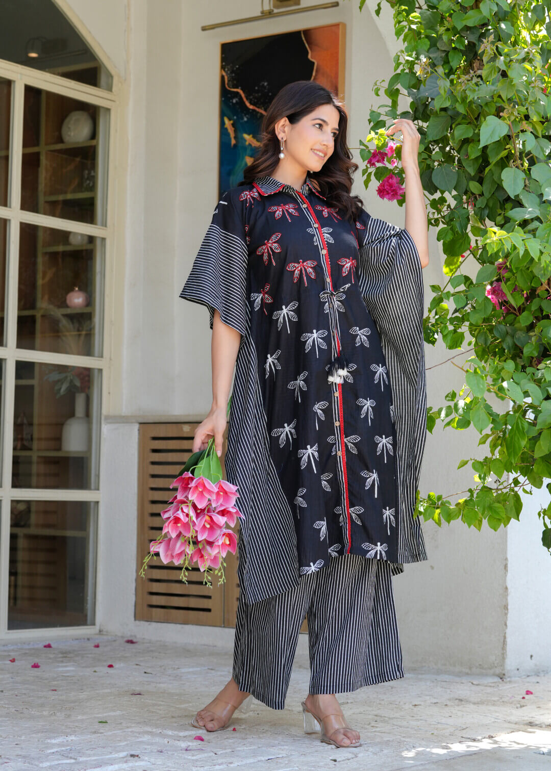 Black Ethnic Print Cotton Maternity & Feeding Co-ord Set with Concealed Zipper