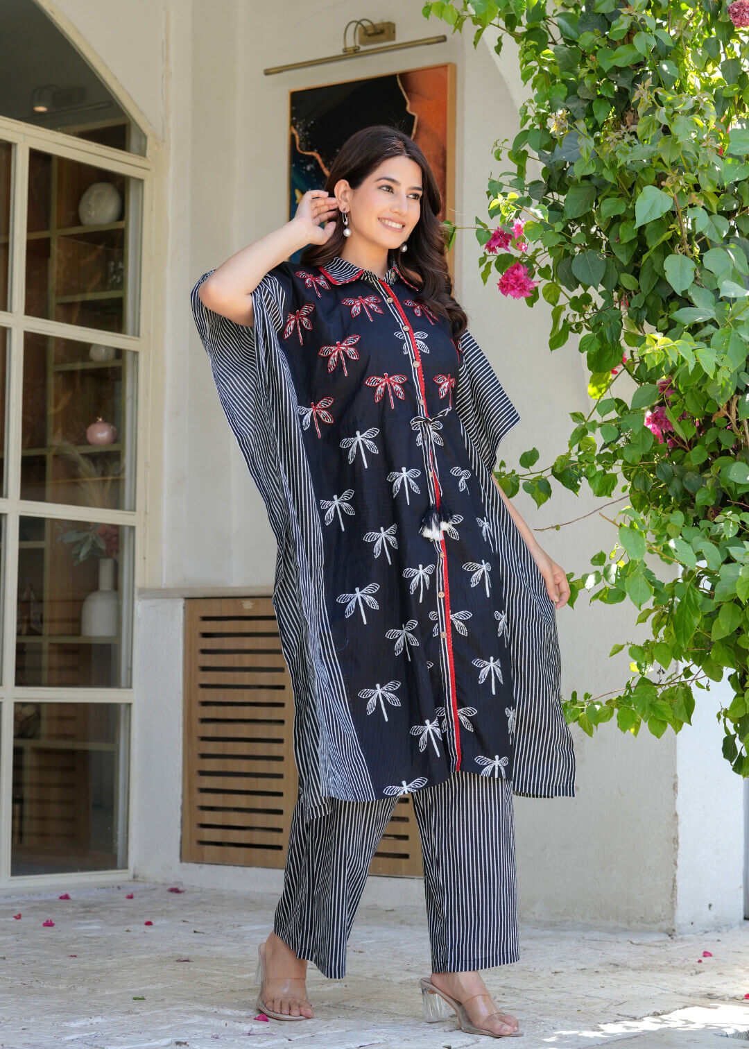 Black Ethnic Print Cotton Maternity & Feeding Co-ord Set with Concealed Zipper