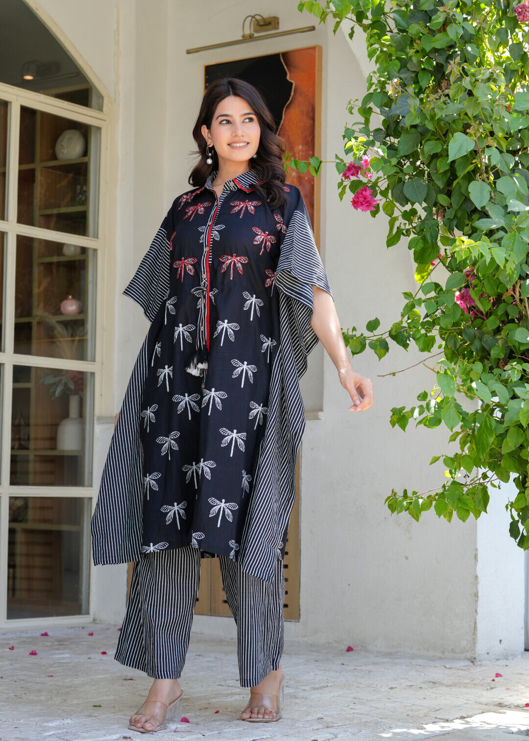 Black Ethnic Print Cotton Maternity & Feeding Co-ord Set with Concealed Zipper