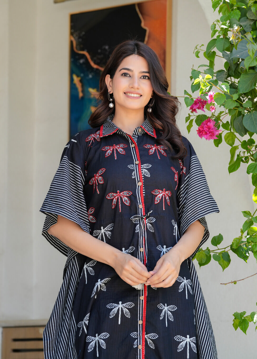 Black Ethnic Print Cotton Maternity & Feeding Co-ord Set with Concealed Zipper