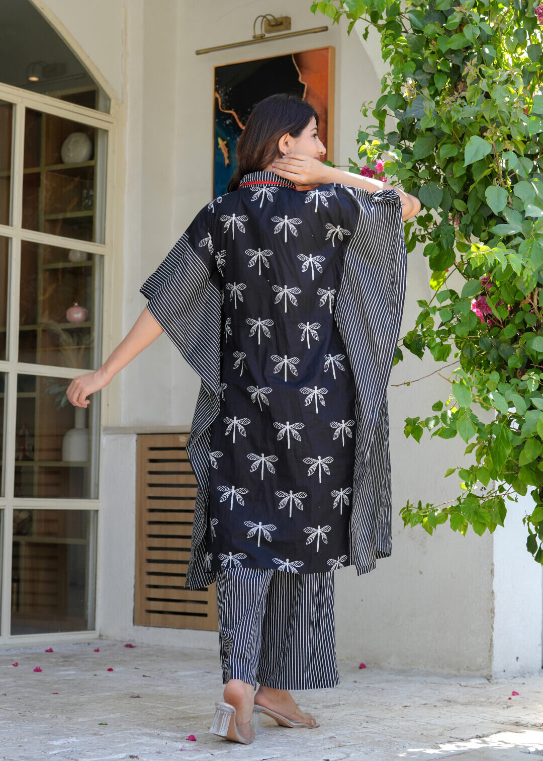 Black Ethnic Print Cotton Maternity & Feeding Co-ord Set with Concealed Zipper