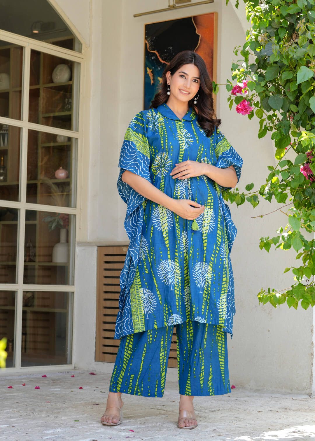 Blue Green Ethnic Print Cotton Maternity & Feeding Co-ord Set with Concealed Zipper