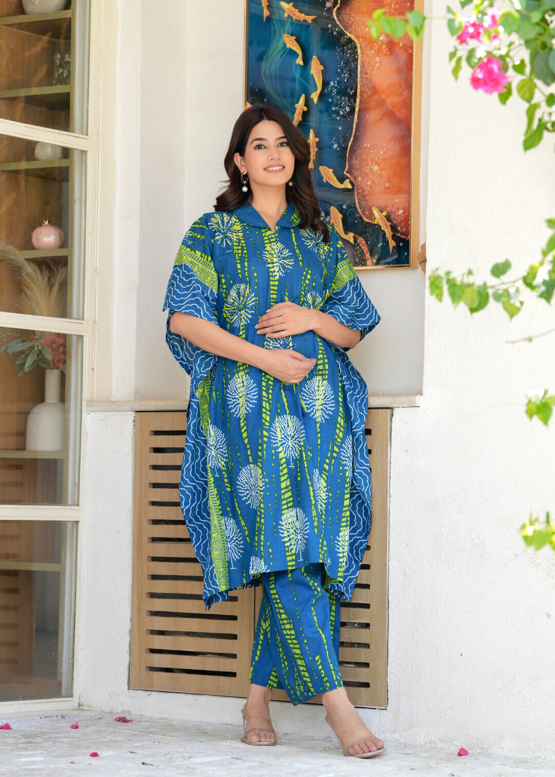Blue Green Ethnic Print Cotton Maternity & Feeding Co-ord Set with Concealed Zipper