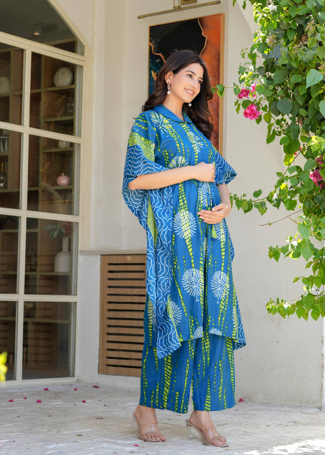 Blue Green Ethnic Print Cotton Maternity & Feeding Co-ord Set with Concealed Zipper