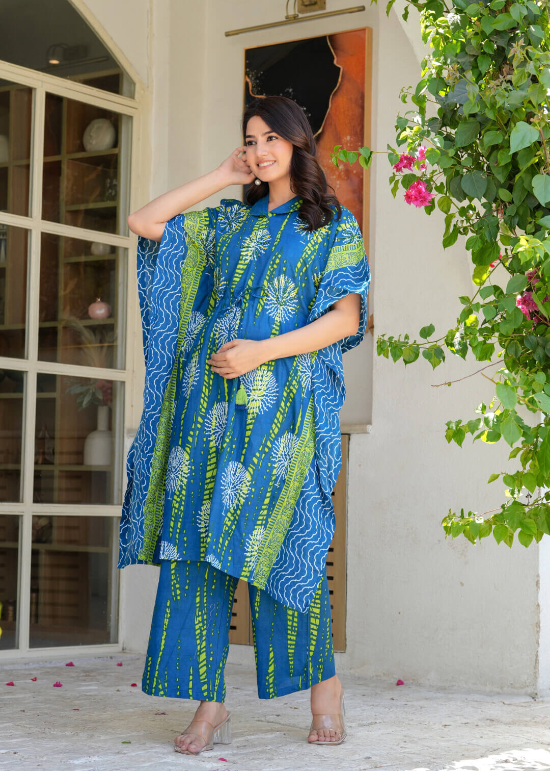 Blue Green Ethnic Print Cotton Maternity & Feeding Co-ord Set with Concealed Zipper