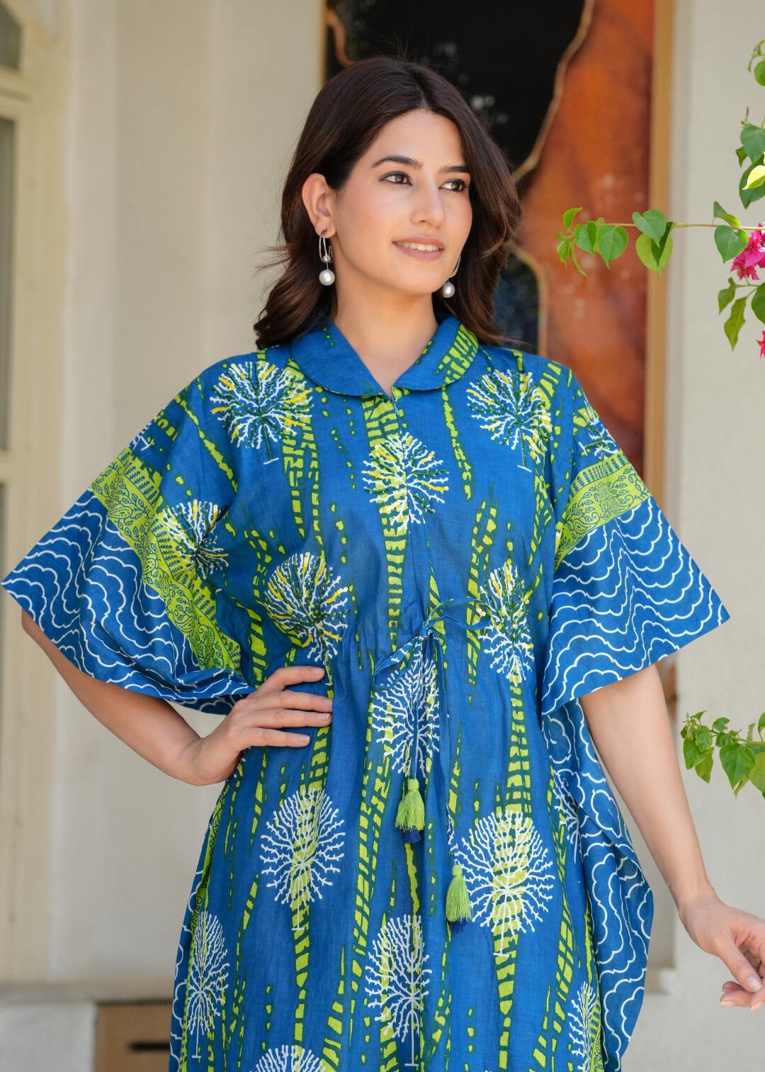 Blue Green Ethnic Print Cotton Maternity & Feeding Co-ord Set with Concealed Zipper
