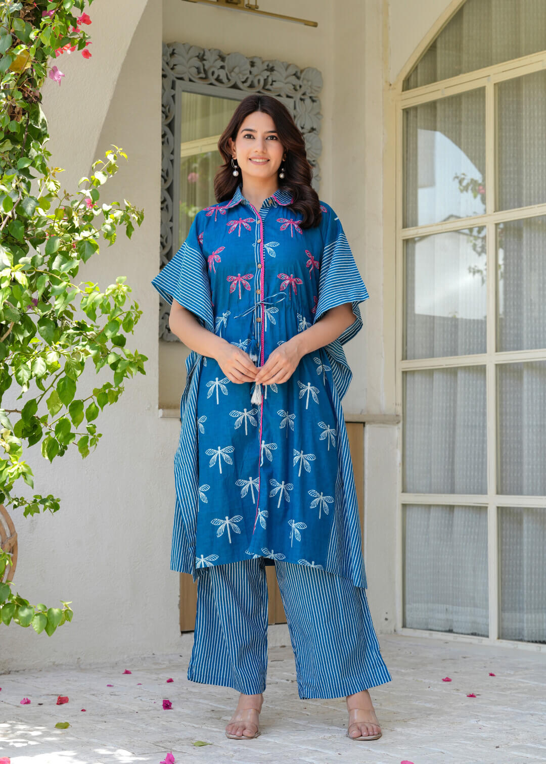 Indigo Blue Ethnic Print Cotton Maternity & Feeding Co-ord Set with Concealed Zipper