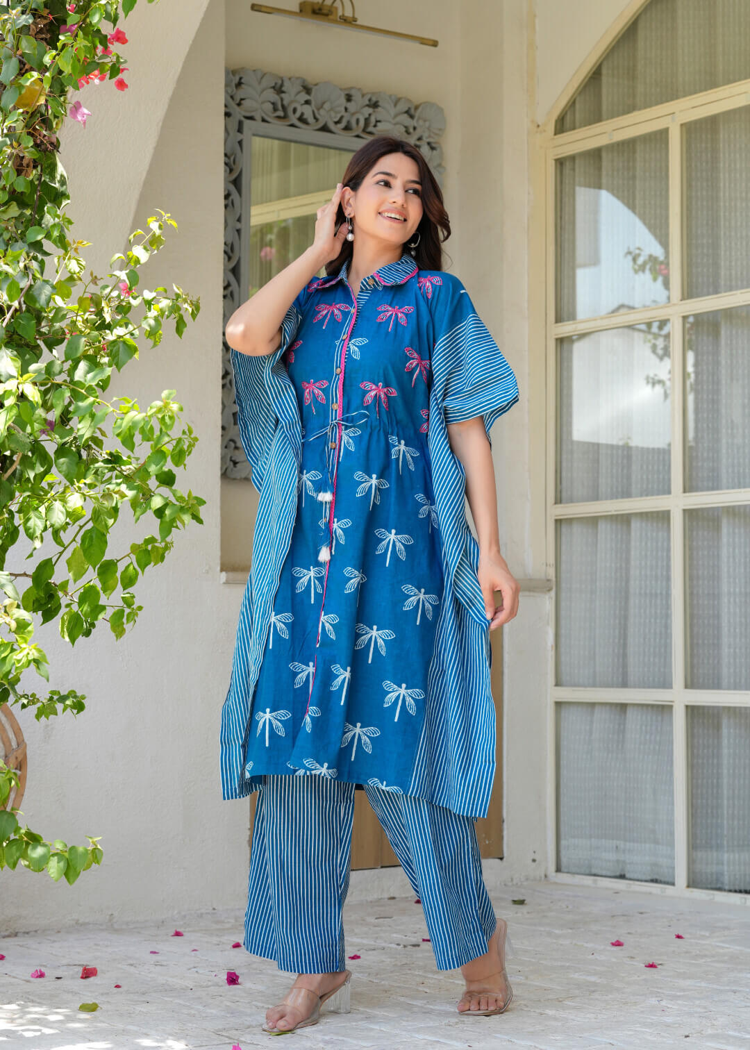 Indigo Blue Ethnic Print Cotton Maternity & Feeding Co-ord Set with Concealed Zipper